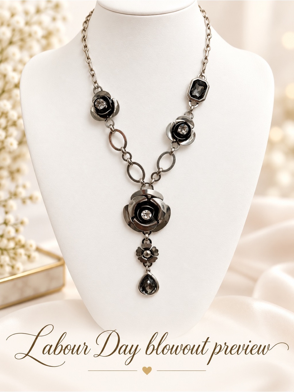 Gunmetal Rose Pendant Necklace with Crystal Accents - Women Jewelry
